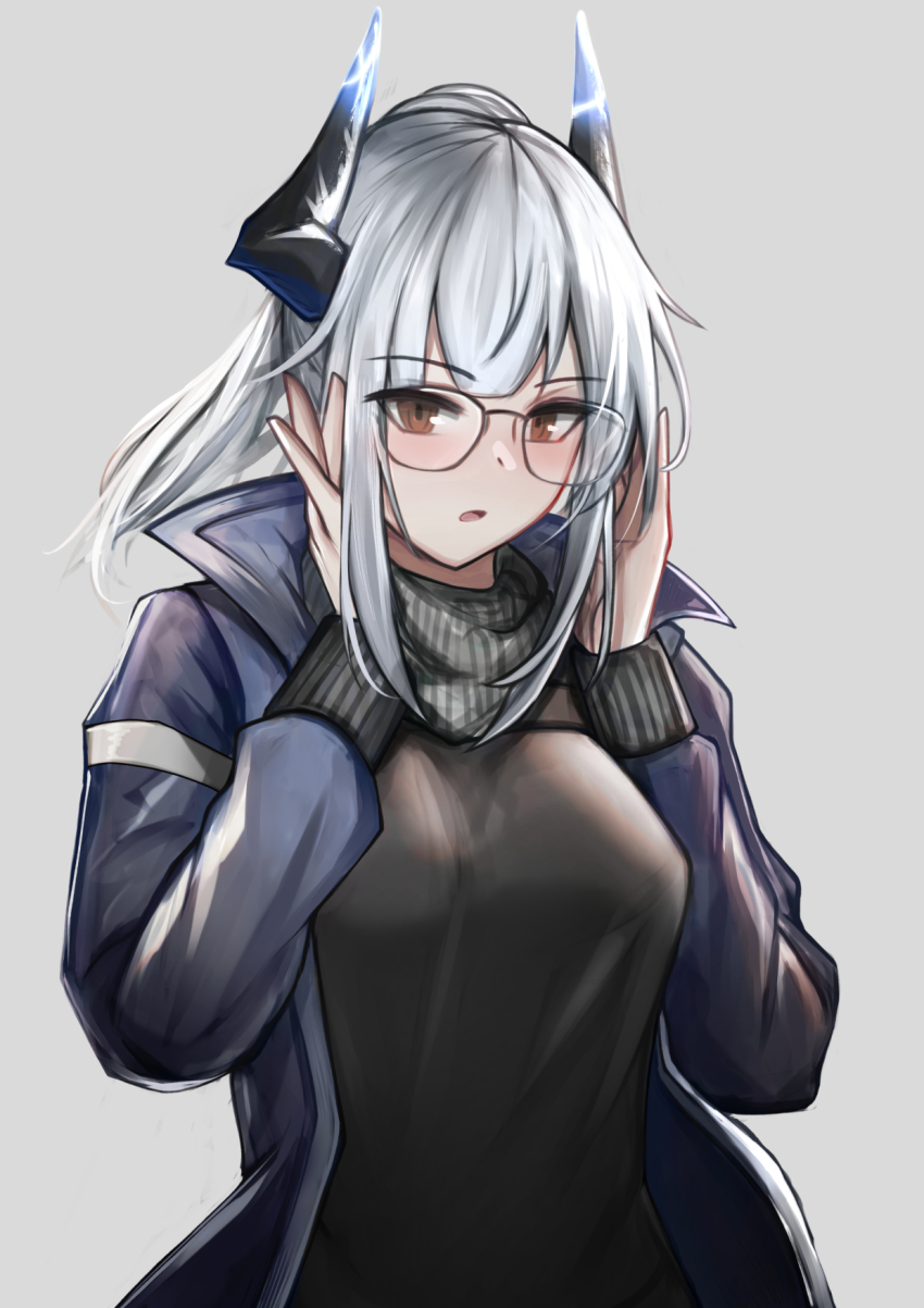 1girl arknights blacksteel_worldwide_(arknights) blush breasts dragon_girl dragon_horns glasses grey_background grey_hair highres horns jacket krirk large_breasts liskarm_(arknights) long_sleeves looking_at_viewer open_mouth ponytail self-upload