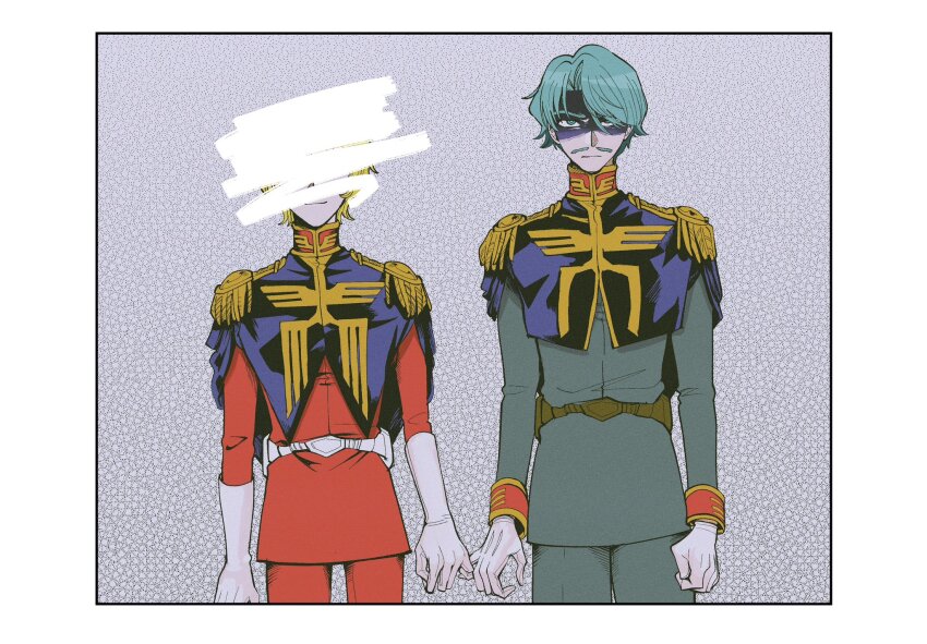2boys blonde_hair blue_eyes border censored challia_bull char_aznable commentary_request covered_face cowboy_shot epaulettes facial_hair glaring gloves green_eyes green_hair grey_background gundam gundam_gquuuuuux high_collar highres jacket long_sleeves looking_at_viewer male_focus military_jacket military_uniform multiple_boys mustache pinky_swear red_jacket shaded_face short_hair smile tsudzumiya_mare white_border