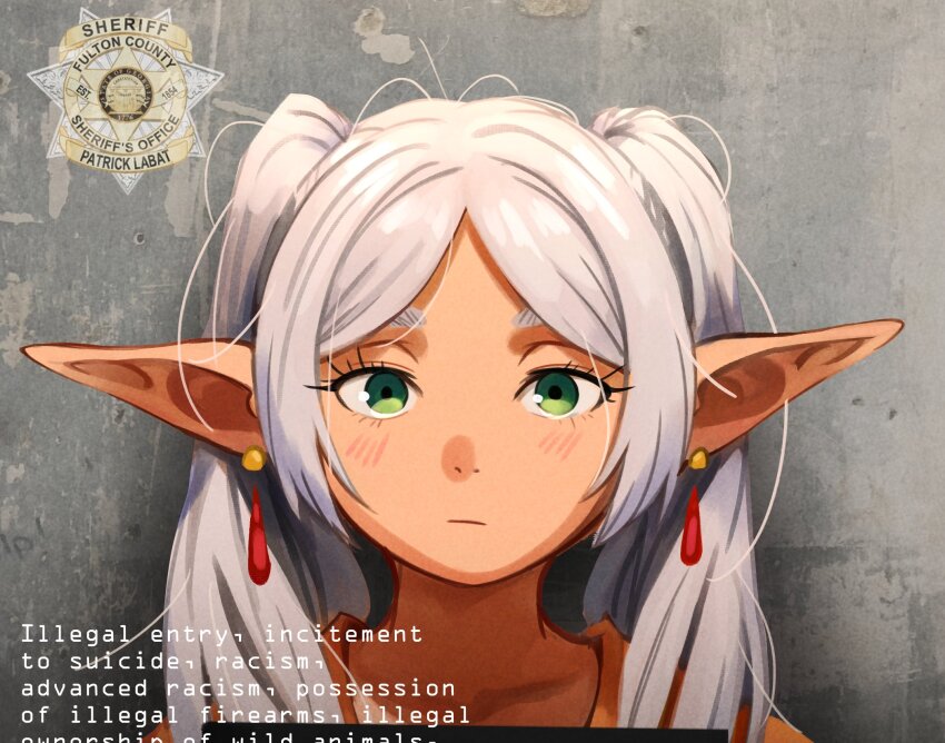 1girl commentary earrings english_commentary english_text frieren green_eyes highres jewelry khyle. long_hair looking_at_viewer mugshot pointy_ears portrait solo sousou_no_frieren twintails white_hair