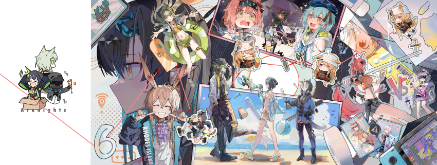 1other 2boys 6+girls absurdres alternate_costume amiya_(arknights) animal_ears arknights axe bikini blue_hair blue_hat blue_sky brown_hair burger cat_ears cat_girl ceobe_(arknights) ceobe_(unfettered)_(arknights) closed_eyes doctor_(arknights) dragon_horns dusk_(arknights) eating eraser flametail_(arknights) flametail_(sport_for_all)_(arknights) food french_fries glaucus_(arknights) goldenglow_(arknights) green_eyes green_hair grin hammer hat head-mounted_display highres holding holding_hammer holding_megaphone holding_weapon horns incredibly_absurdres infection_monitor_(arknights) kal&#039;tsit_(arknights) kanshio kirara_(arknights) kirara_(trendsetting_player)_(arknights) la_pluma_(arknights) lee_(arknights) lightning_bolt_print megaphone mizuki_(arknights) mon3tr_(arknights) muelsyse_(arknights) multiple_boys multiple_girls navel nintendo_switch official_alternate_costume party_popper pepe_(arknights) pink_hair purple_eyes rabbit_ears rabbit_girl red_hair sky sleeves_past_fingers sleeves_past_wrists smile swim_ring swimsuit weapon yellow_eyes