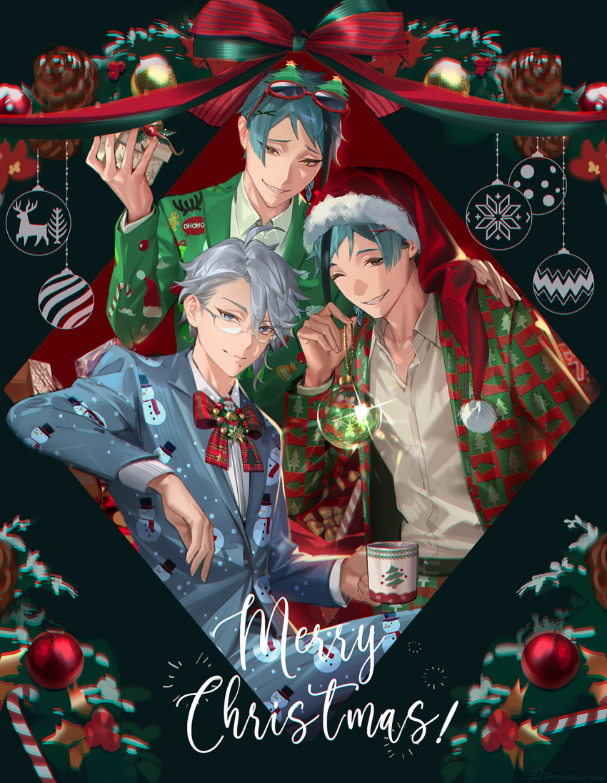 3boys azul_ashengrotto blue_hair blue_suit box brown_eyes christmas christmas_ornaments christmas_tree_print commentary_request cup eyewear_on_head floyd_leech formal_clothes gift gift_box glasses gomchichimoe green_suit grey_hair grin hat heterochromia highres holding holding_cup holding_gift jade_leech looking_at_viewer male_focus merry_christmas mug multiple_boys one_eye_closed santa_hat sharp_teeth short_hair smile snowman_print suit sunglasses teeth twisted_wonderland yellow_eyes