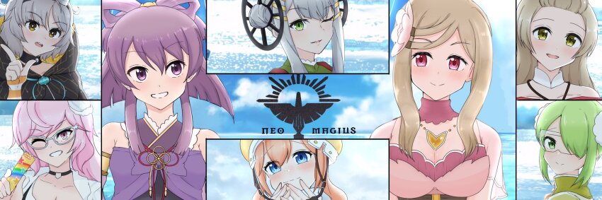 6+girls :d aika_himena azumi_hagumu black_choker blonde_hair blue_eyes blue_sky blunt_ends blush bow-shaped_hair chinese_knot choker closed_mouth detached_sleeves flower flower_knot food green_eyes green_hair grey_hair grin hair_flower hair_ornament hair_over_one_eye hairclip highres index_finger_raised japanese_clothes jewelry kagura_san kazari_jun kimono kurusu_alexandra magia_record:_mahou_shoujo_madoka_magica_gaiden magical_girl mahou_shoujo_madoka_magica miwa_mitsune miyabi_shigure multiple_girls necklace one_eye_closed one_eye_covered open_mouth orange_hair orange_sleeves pink_eyes pink_flower pink_hair pink_shirt portrait purple_hair purple_kimono shirt short_hair sky sleeveless sleeveless_kimono smile striped_sleeves tenfuru twin_bun twintails umaibou wavy_hair wheel_hair_ornament wink yellow_headwear yukari_miyuri