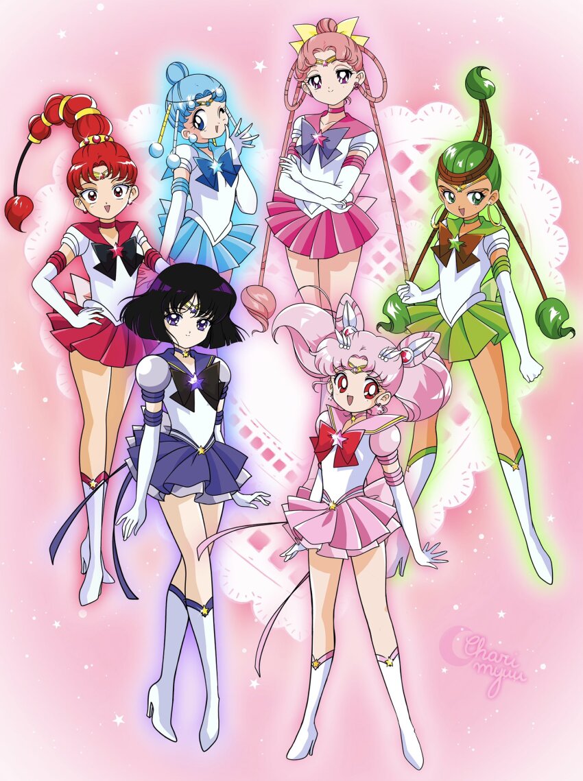 6+girls artist_name back_bow bishoujo_senshi_sailor_moon bishoujo_senshi_sailor_moon_supers black_bow black_bowtie black_hair blue_choker blue_eyes blue_hair blue_outline blue_sailor_collar blue_skirt blunt_ends bob_cut boots bow bowtie braid braided_hair_rings brooch brown_bow brown_bowtie brown_headband cerecere_(sailor_moon) chibi_usa child choker circlet commentary cone_hair_bun crescent crescent_choker crescent_earrings crossed_arms derivative_work double_bun earrings elbow_gloves english_commentary eyelashes floating_hair full_body gloves green_bow green_choker green_hair green_outline green_sailor_collar green_skirt grey_bow grey_sleeves hair_bow hair_bun hair_ornament hair_rings hands_on_own_hips happy headband heart heart_background high_heel_boots high_heels highres honeymoonpetal jewelry junjun_(sailor_moon) knee_boots lace_background leotard light_particles low_twintails magical_girl miniskirt multiple_girls official_style one_eye_closed open_mouth outline pallapalla_(sailor_moon) parted_bangs pink_background pink_bow pink_brooch pink_eyes pink_hair pink_outline pink_sailor_collar pink_skirt pink_sleeves pleated_skirt puffy_short_sleeves puffy_sleeves purple_brooch purple_choker purple_eyes purple_outline purple_sailor_collar red_bow red_bowtie red_choker red_eyes red_hair red_outline red_sailor_collar red_skirt sailor_ceres sailor_chibi_moon sailor_collar sailor_juno sailor_pallas sailor_saturn sailor_senshi_uniform sailor_vesta short_hair short_sleeves short_twintails single_hair_bun skirt sleeved_leotard smile star_brooch tan tareme tomoe_hotaru twintails updo vesves_(sailor_moon) white_boots white_gloves white_leotard yellow_bow
