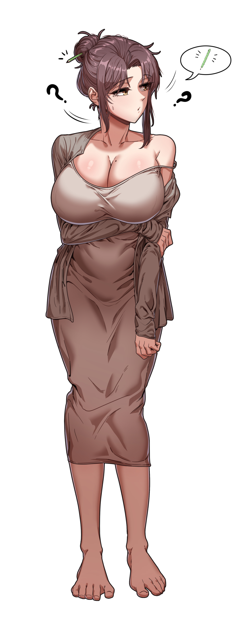 1girl ? ?? absurdres asymmetrical_bangs barefoot breasts brown_eyes brown_hair cleavage clothing_request collarbone feet gigle highres holding_own_arm huge_breasts korean_commentary looking_to_the_side mole mole_on_breast motion_lines nightgown off_shoulder original pencil pencil_in_hair searching shiny_skin solo speech_bubble waking_up white_background wide_hips