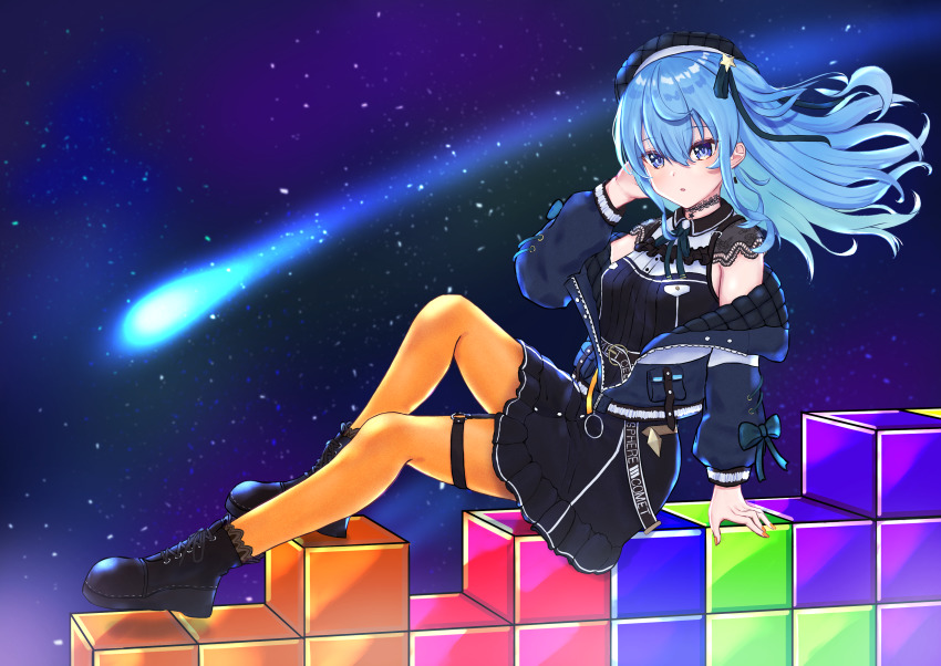 1girl absurdres ahoge arm_support beret black_hat black_skirt block_(object) blue_coat blue_eyes blue_hair boots choker coat comet commentary_request fingernails fue_(lars0713) full_body hand_in_own_hair hat highres hololive hoshimachi_suisei hoshimachi_suisei_(casual) jacket knee_up lace lace_choker looking_at_viewer nail_polish o-ring o-ring_thigh_strap off-shoulder_coat off_shoulder open_clothes open_jacket orange_nails orange_pantyhose padded_coat pantyhose parted_lips side_ponytail skirt solo space star_(symbol) star_symbol_background tetris thigh_strap virtual_youtuber wavy_hair wind