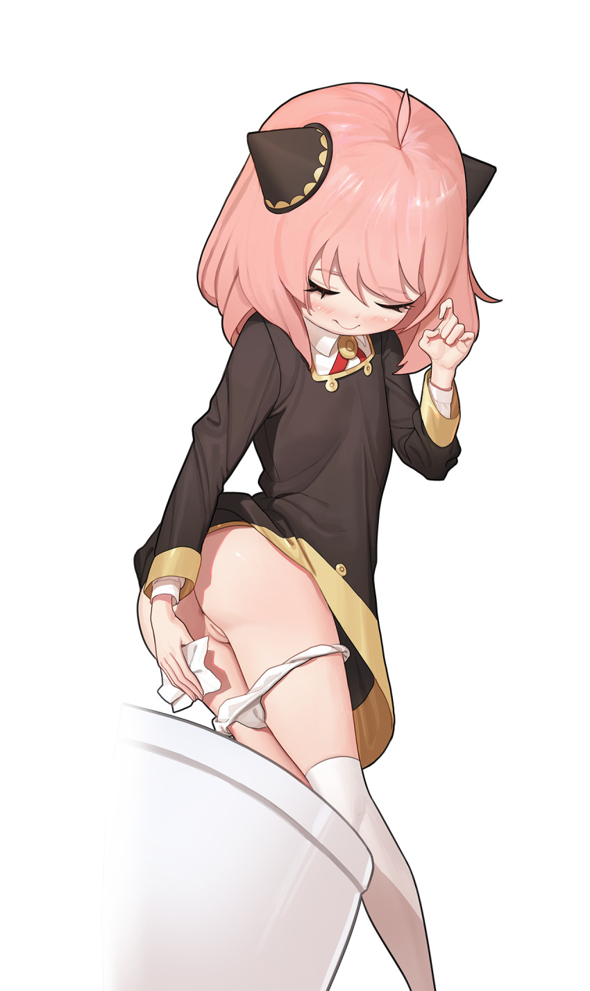 1girl ahoge anya_(spy_x_family) arm_up ass black_dress blue_borscht blush cleft_of_venus closed_eyes clothes_lift dress dress_lift female_focus hair_ornament has_bad_revision has_censored_revision highres loli panties panty_pull pink_hair pussy short_dress short_hair simple_background smile solo spy_x_family thighhighs thighs tissue toilet toilet_use uncensored underwear white_background white_panties white_thighhighs wiping wiping_pussy