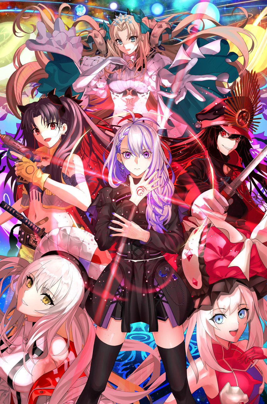absurdres bandaid_on_stomach bandeau blue_bandeau cloak cosplay crescent crescent_facial_mark cropped_vest earrings ereshkigal_(fate) facial_mark fate/grand_order fate_(series) forehead_mark fur-trimmed_cloak fur_trim gloves harukey highres hoop_earrings ishtar_(fate) jewelry kumano_onsen_satsujin_jiken marie_antoinette_(fate) marie_antoinette_alter_(fate) multicolored_hair parted_bangs red_cloak saber_wars_ii sakuya_tobari shorts space_ereshkigal_(fate) space_ishtar_(fate) space_ishtar_(fate)_(cosplay) star_tattoo tattoo two-tone_hair two_side_up vest yellow_gloves yellow_shorts yellow_vest
