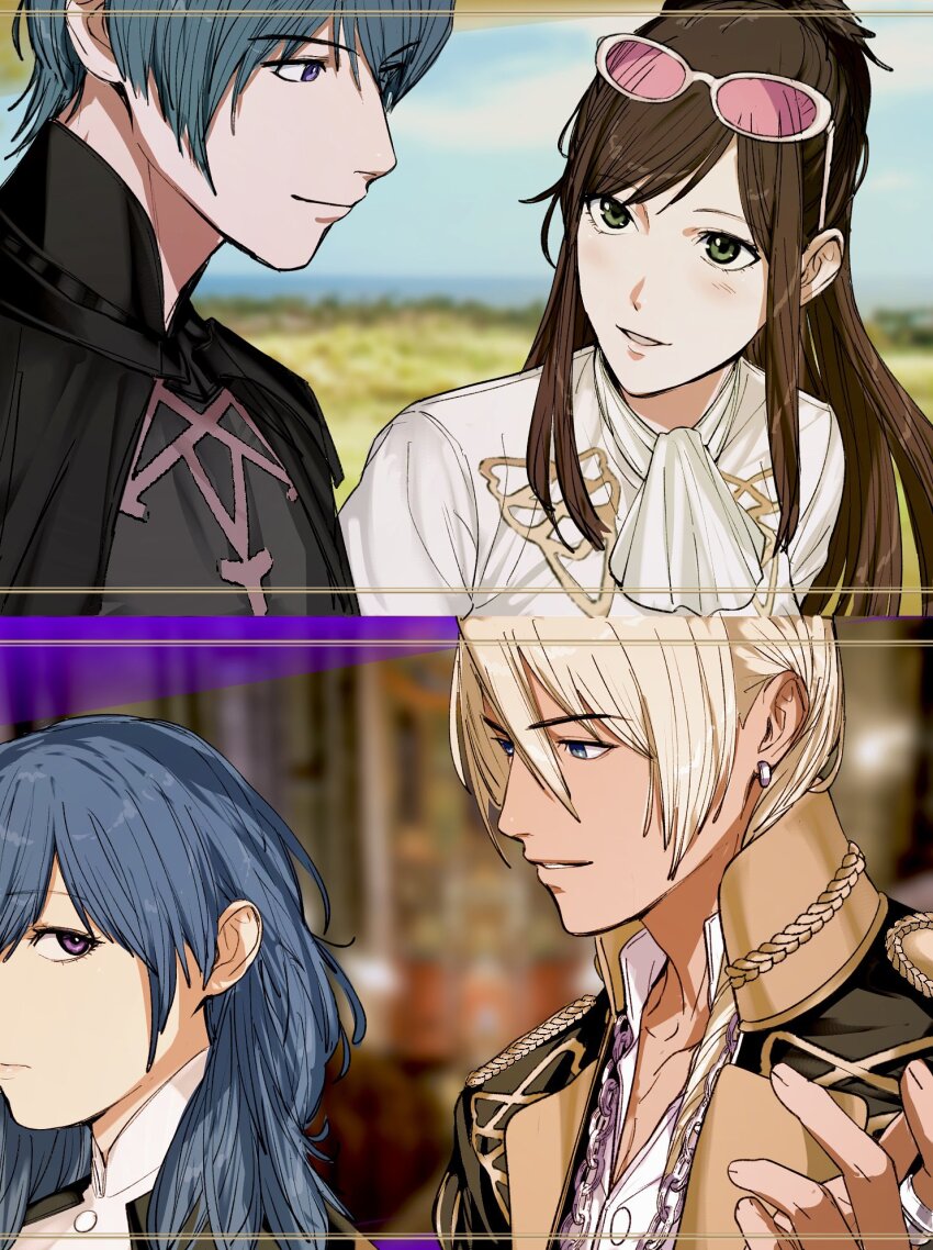 2boys 2girls ace_attorney amikoiiko apollo_justice:_ace_attorney ascot black_coat black_collar blonde_hair blue_eyes blue_hair blurry blurry_background blush brown_hair cape chain chain_necklace closed_mouth coat collar collarbone collared_shirt commentary crossover dark-skinned_male dark_skin detached_collar dress_shirt drill_hair earrings ema_skye eyewear_on_head facing_to_the_side female_byleth_(fire_emblem) fingernails fire_emblem fire_emblem:_three_houses garreg_mach_monastery_uniform green_eyes half_updo hand_up highres index_ring inset_border jewelry klavier_gavin light_smile long_hair looking_at_another looking_to_the_side male_byleth_(fire_emblem) medium_hair mismatched_eyebrows multiple_boys multiple_girls neck_armor necklace nintendo pink-tinted_eyewear pink_lips portrait puff_and_slash_sleeves puffy_sleeves purple_eyes round_eyewear shirt short_hair shoulder_boards shoulder_pads single_earring smile sternocleidomastoid_muscle sunglasses tinted_eyewear white-framed_eyewear white_ascot white_collar white_shirt yellow_collar
