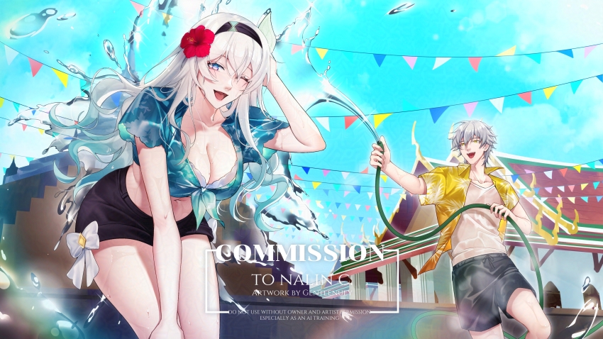 absurdres black_shorts breasts caelus_(honkai:_star_rail) cleavage firefly_(honkai:_star_rail) flower gentlenuey gradient_hair hair_flower hair_ornament hairband highres holding holding_hose honkai:_star_rail honkai_(series) hose leaning_forward long_hair looking_at_viewer multicolored_hair one_eye_closed outdoors shirt shorts splashing tied_shirt trailblazer_(honkai:_star_rail) very_long_hair water wet