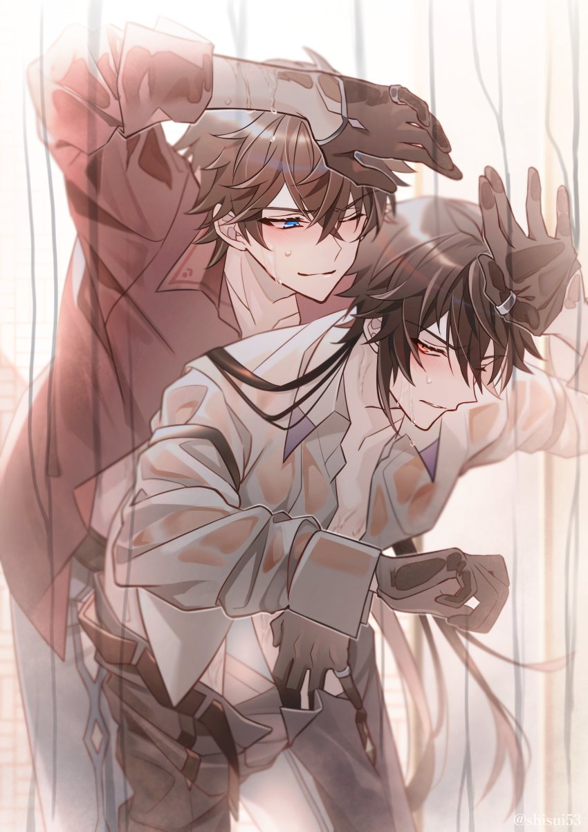 2boys absurdres against_wall antenna_hair belt black_belt black_gloves black_pants blouse blush brown_hair collarbone collared_shirt commentary_request genshin_impact gloves grey_pants half_gloves highres looking_at_viewer low_ponytail multiple_boys one_eye_closed open_belt open_pants orange_hair pants ponytail red_shirt sex sex_from_behind shirt shisui53 short_hair_with_long_locks standing standing_sex sweat tartaglia_(genshin_impact) thumb_ring wing_collar yaoi zhongli_(genshin_impact)