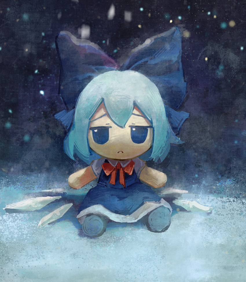 1girl blue_bow blue_dress blue_eyes blue_hair blue_shoes bow chinese_commentary cirno closed_mouth collared_shirt commentary_request dress frown full_body fumo_(doll) ge_dazuo hair_bow highres ice ice_wings looking_at_viewer neck_ribbon pinafore_dress red_ribbon ribbon sad shirt shoes short_hair short_sleeves sitting sleeveless sleeveless_dress solo touhou white_shirt wings