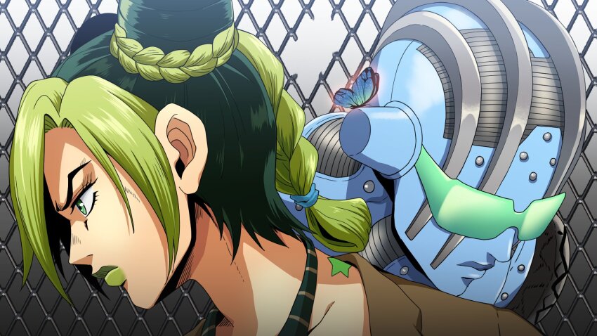 1girl 1other anime_coloring birthmark blue_butterfly blue_skin braid braided_bun bug butterfly chain-link_fence colored_skin cone_hair_bun double_bun fence green-tinted_eyewear green_eyes green_hair green_lips hair_bun highres insect joestar_birthmark jojo_no_kimyou_na_bouken kuujou_jolyne makeup merhos1 multicolored_hair portrait profile single_braid stand_(jojo) stone_free stone_ocean tinted_eyewear two-tone_hair