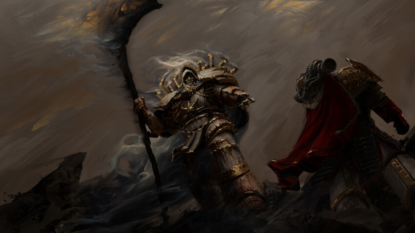 2boys armor breastplate clenched_hand cloud cloudy_sky dark death_guard fighting_stance from_behind holding holding_scythe jaghatai_khan male_focus mortarion multiple_boys open_hand ornate_armor outstretched_arm pauldrons pelvic_curtain power_armor primarch rust scythe shaded_face shoulder_armor silence_(weapon) skull_ornament sky smoke spiked_armor tibz-ollier tube warhammer_40k white_armor white_hood white_scars