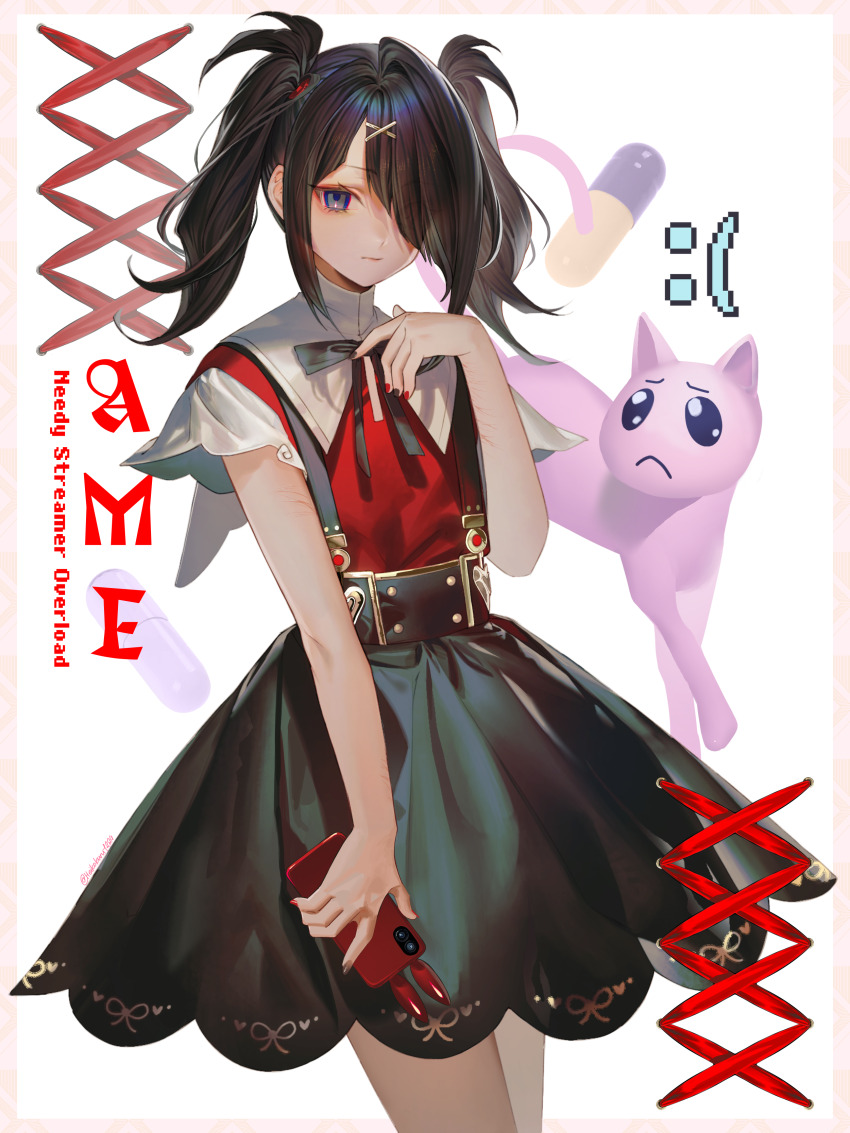 1girl absurdres ame-chan_(needy_girl_overdose) black_hair black_nails black_ribbon blue_eyes character_name commentary cuts english_commentary eyelashes frown hair_ornament hair_over_one_eye heikokuru1224 highres holding holding_phone injury long_bangs long_hair looking_at_viewer multicolored_nails nail_polish neck_ribbon needy_girl_overdose phone pien_cat_(needy_girl_overdose) pill red_nails red_shirt ribbon self-harm_scar shirt simple_background skirt solo standing suspender_skirt suspenders twintails white_background x_hair_ornament
