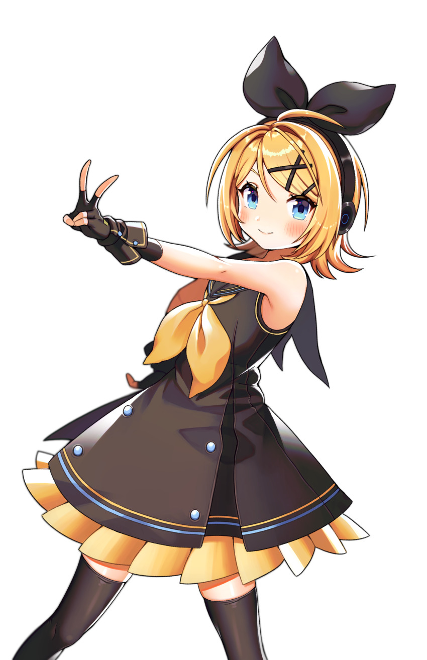1girl absurdres ahoge bare_shoulders black_dress black_gloves black_ribbon black_sailor_collar black_thighhighs blonde_hair blue_eyes blush closed_mouth dress female_focus fingerless_gloves frilled_dress frills gloves hair_ornament hair_ribbon hairclip hand_on_own_hip headphones highres kagamine_rin looking_at_viewer neckerchief ribbon sailor_collar sailor_dress seoki_(hi3031) short_hair simple_background sleeveless sleeveless_dress smile solo sour_model_(mikumikudance) swept_bangs thighhighs v vocaloid white_background x_hair_ornament yellow_neckerchief