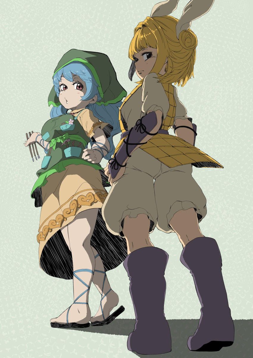 2girls absurdres apron black_eyes black_sandals blonde_hair blue_hair blush boots breasts closed_mouth commentary_request double_bun dress expressionless full_body green_apron green_background green_headscarf grey_boots grey_romper hair_bun hair_ribbon haniyasushin_keiki headscarf highres joutouguu_mayumi long_hair looking_at_viewer looking_back medium_breasts multiple_girls pink_eyes ribbon sandals shika_miso short_hair standing tools touhou vambraces white_ribbon yellow_dress