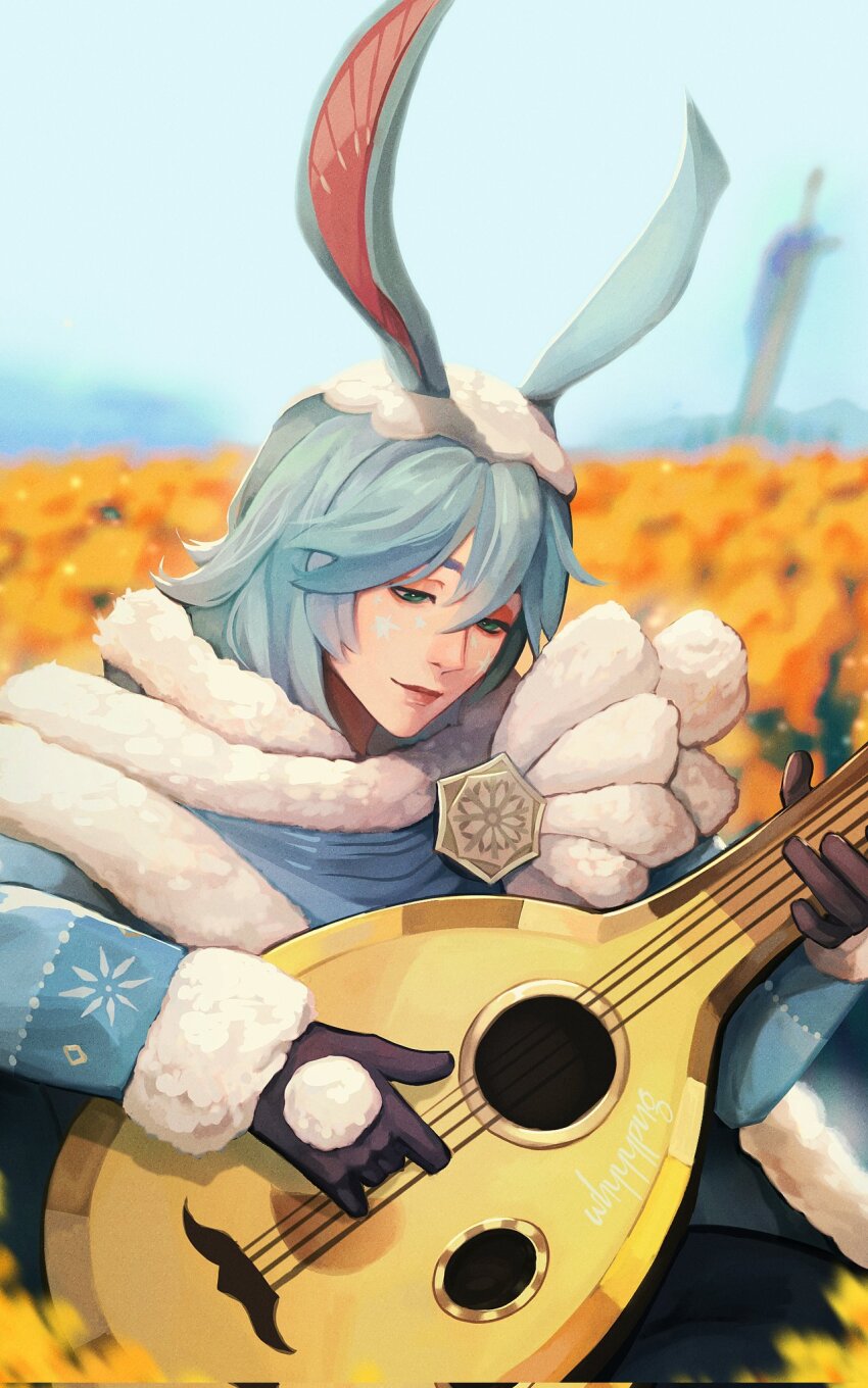 1boy afk_(series) afk_journey animal_ears artist_name black_gloves blue_cape blue_hair blue_jacket brooch cape closed_mouth commentary fur-trimmed_cape fur-trimmed_jacket fur-trimmed_sleeves fur_trim gloves green_eyes grey_hair hair_between_eyes heptagram hexagram highres holding holding_instrument holding_lute instrument jacket jewelry light_smile long_sleeves looking_at_another looking_down lorsan_(afk) lute_(instrument) male_focus medium_hair music playing_instrument rabbit_boy rabbit_ears snowflake_print solo spanish_commentary sticker_on_face upper_body whyyypng