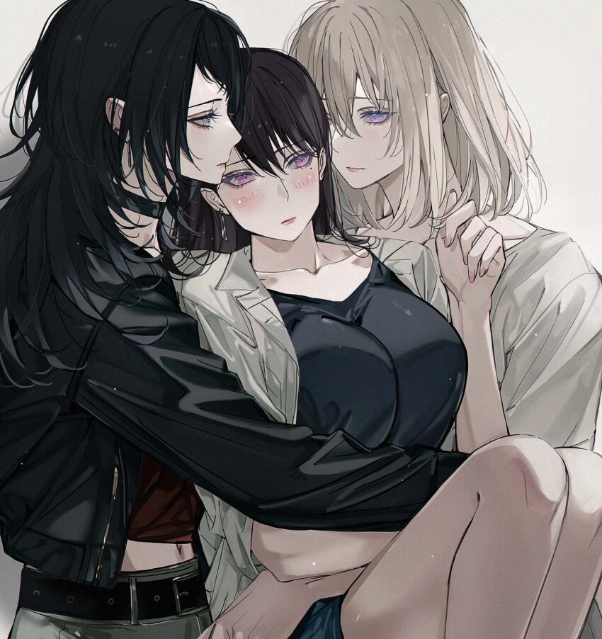 3girls alternate_breast_size bang_dream! bang_dream!_it&#039;s_mygo!!!!! belt black_belt black_choker black_hair black_jacket black_shirt blackfangs blonde_hair blue_eyes breasts chinese_commentary choker collarbone commentary_request earclip grey_skirt hair_between_eyes highres hug jacket large_breasts light_particles long_hair medium_hair midriff misumi_uika mole mole_under_eye multiple_girls navel purple_eyes red_shirt shiina_taki shirt simple_background skirt white_background white_shirt yahata_umiri yuri
