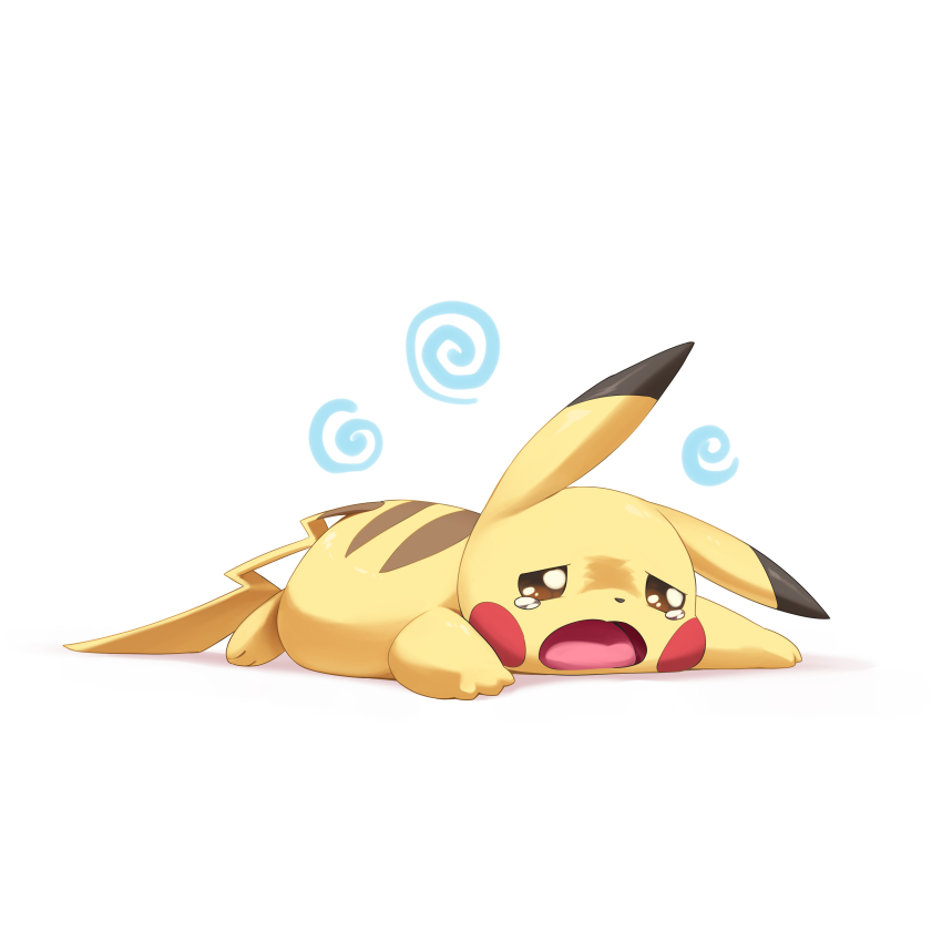 absurdres brown_eyes commentary_request full_body gen_1_pokemon highres hoishere7 lying nintendo no_humans on_stomach open_mouth pikachu pokemon pokemon_(creature) pokemon_focus solo swirl tearing_up tongue white_background