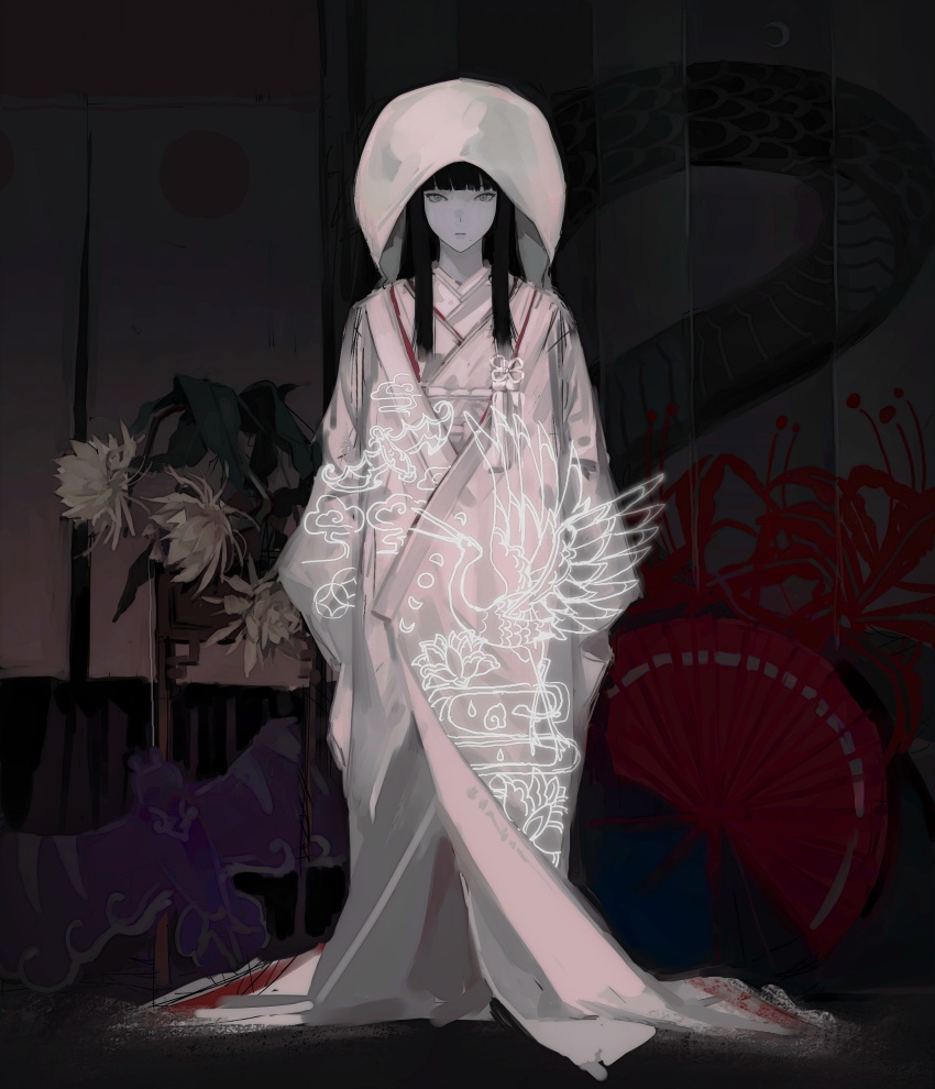 1girl absurdres alternate_costume bird black_hair blunt_bangs colored_skin crane_(animal) epiphyllum expressionless final_fantasy final_fantasy_xiv flower folding_fan folding_screen full_body green_eyes hand_fan highres hood hood_up hyur japanese_clothes jidappeng kimono leaf long_hair looking_at_viewer sidelocks solo_focus spider_lily standing straight-on straight_hair white_flower white_kimono white_skin wide_sleeves wilted_flower yotsuyu_goe_brutus