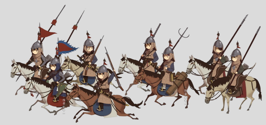 6+girls antique_firearm armor arrow_(projectile) bow_(weapon) brigandine_(armor) brown_horse cavalry chinese_armor chinese_empire fangdan_runiu firearm firelock flag full_armor grey_background gun helmet highres holding holding_gun holding_polearm holding_weapon horseback_riding jitome matchlock ming_dynasty multiple_girls original polearm quiver riding saddle_blanket sheath sheathed simple_background stirrups_(riding) sword weapon white_horse