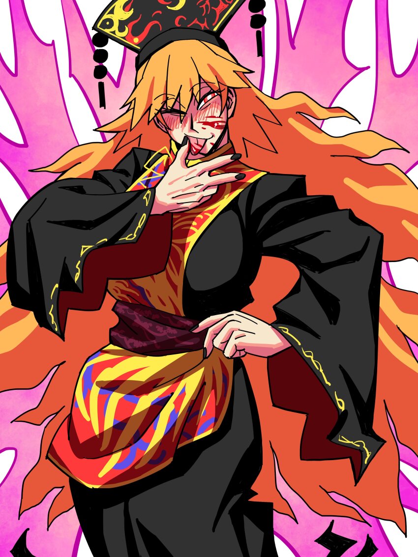 &gt;_o 1girl absurdres belt black_nails black_robe blood blood_on_face blush breasts chinese_clothes cowboy_shot eddybird55555 energy_tail hair_between_eyes highres junko_(touhou) licking licking_finger long_hair long_sleeves looking_to_the_side multicolored_clothes one_eye_closed orange_hair phoenix_crown phoenix_print red_eyes ribbon robe solo spiked_hair tabard tongue tongue_out touhou wavy_hair white_background wide_sleeves yellow_ribbon