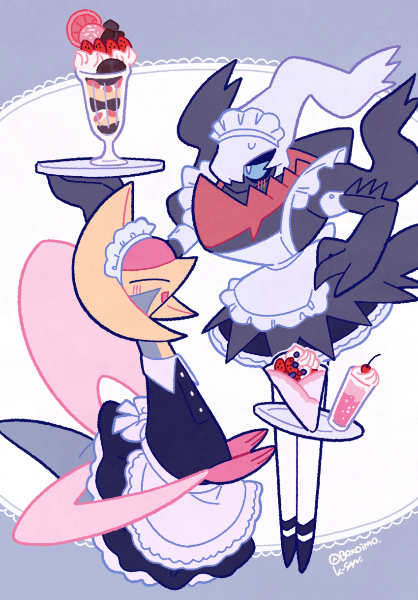 apron black_dress black_footwear blue_sclera blueberry blush boxoimo bright_pupils colored_sclera commentary crepe cresselia darkrai dress food fruit full_body gen_4_pokemon hand_on_own_hip highres holding holding_tray ice_cream legendary_pokemon maid maid_apron maid_headdress mythical_pokemon nintendo no_humans pantyhose parfait pokemon pokemon_(creature) sprinkles strawberry telekinesis tray twitter_username variant_set white_pantyhose white_pupils