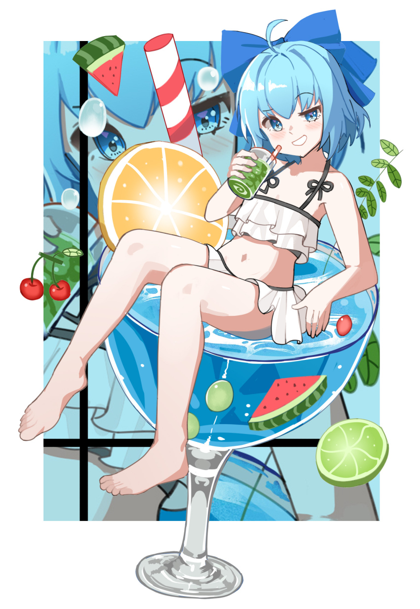 1girl barefoot bikini bikini_skirt blue_eyes blue_hair blue_ribbon bubble cherry cirno cup drinking_glass drinking_straw feet flat_chest food fruit hair_ribbon highres in_container in_cup lemon lemon_slice lime_(fruit) lime_slice medium_hair navel resoap ribbon solo swimsuit touhou watermelon watermelon_slice white_bikini