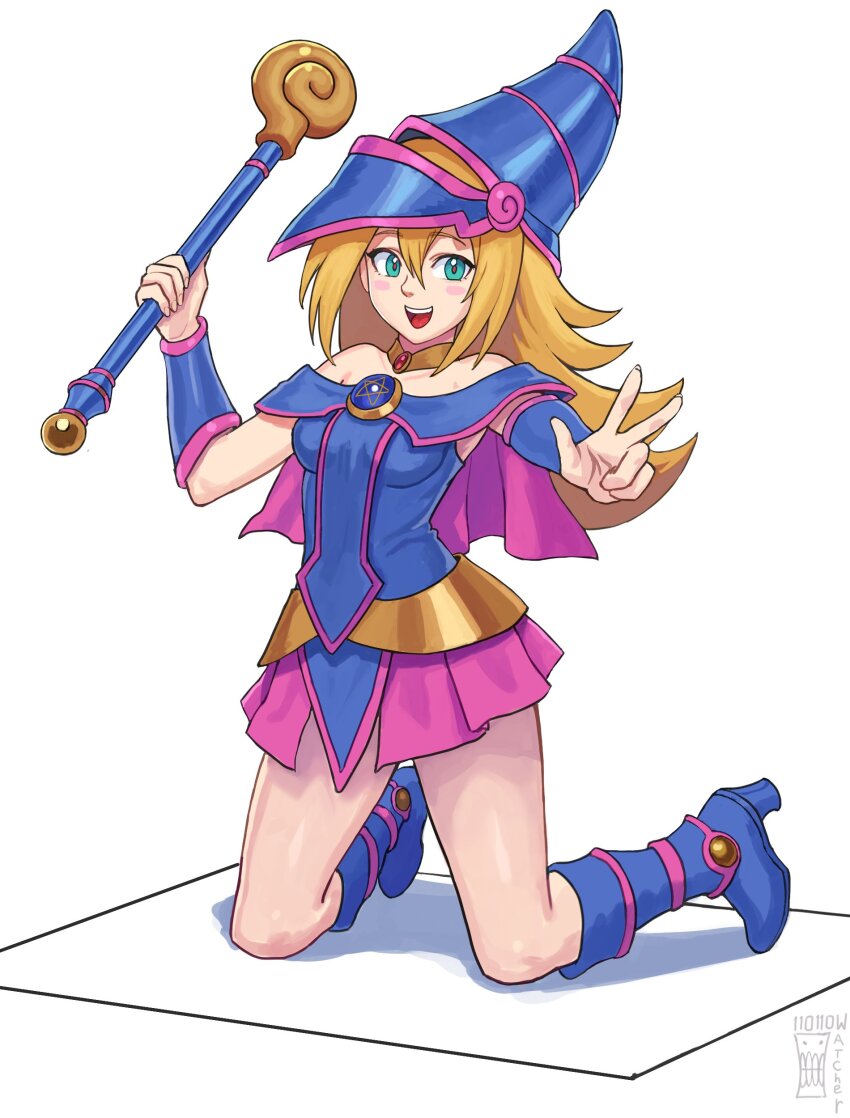 1girl absurdres aqua_eyes bare_shoulders blonde_hair blue_hat blush boots commentary dark_magician_girl duel_monster full_body hat highres holding holding_scepter knee_boots kneeling long_hair nose_blush pink_skirt scepter signature skirt solo vambraces w watcher_hollow yu-gi-oh!