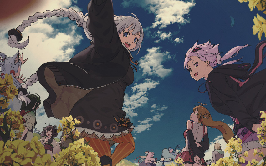 1boy 6+girls absurdres animal_ears arm_up black_dress blonde_hair blue_eyes blue_hair blue_sky blunt_bangs blurry braid brown_hair closed_eyes cloud commentary day depth_of_field dress floating_clothes floating_hair flower fox_ears from_below green_eyes green_hair hair_ornament hairclip highres jacket kizuna_akari kotonoha_akane kotonoha_aoi leg_up light_blue_hair long_hair looking_at_viewer looking_back medium_hair minase_kou multiple_girls open_clothes open_jacket open_mouth otomachi_una otomachi_una_(voicepeak) pink_hair purple_dress purple_eyes purple_hair purple_thighhighs rapeseed_blossoms red_skirt short_hair siblings sisters skirt sky striped_leggings tarokazu thighhighs touhoku_itako touhoku_kiritan touhoku_zunko tsurumaki_maki twin_braids twintails very_long_hair vocaloid voicepeak voiceroid white_hair yellow_flower yuzuki_yukari