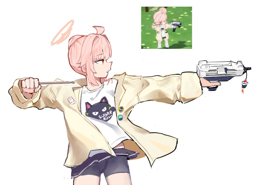 1girl ahoge bike_shorts black_shorts black_skirt blue_archive drumsticks gun halo highres holding holding_drumsticks holding_gun holding_weapon jacket long_sleeves looking_to_the_side micro_uzi natsu_(band)_(blue_archive) natsu_(blue_archive) open_clothes open_jacket pink_hair pink_halo red_eyes reference_inset remise shirt shorts skirt solo submachine_gun t-shirt weapon white_background white_shirt yellow_jacket
