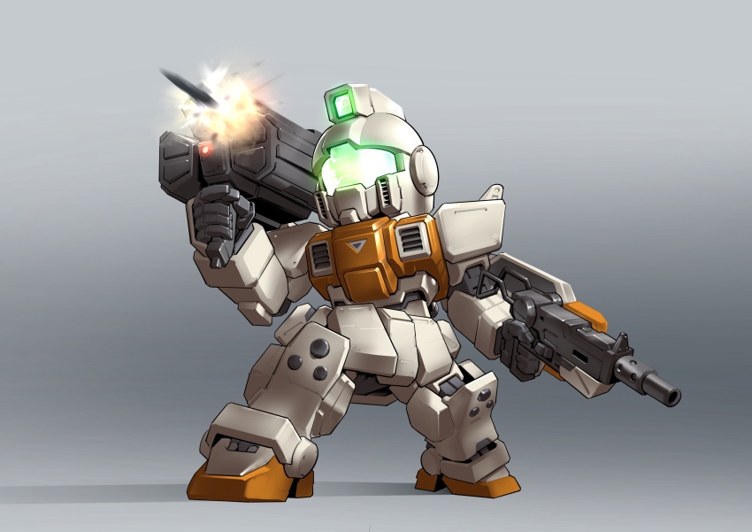 absurdres assault_visor chibi chinese_commentary commentary_request dual_wielding finger_on_trigger firing full_body green_visor grey_background ground_gm gun gundam gundam_08th_ms_team highres holding holding_gun holding_weapon legs_apart making-of_available mecha mecha_focus mobile_suit multishot_rocket_launcher no_humans robot rocket_launcher science_fiction sd_gundam shadow solo standing weapon zakuma