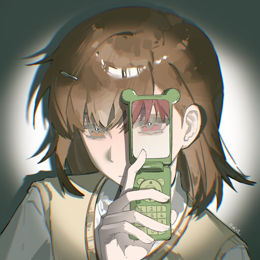 1girl brown_eyes brown_hair brown_sweater_vest cellphone commentary english_commentary evenf flip_phone hair_ornament hairclip highres holding holding_phone looking_at_viewer misaka_mikoto phone school_uniform shirt short_hair signature simple_background solo spotlight sweater_vest toaru_kagaku_no_railgun toaru_majutsu_no_index tokiwadai_school_uniform upper_body white_shirt