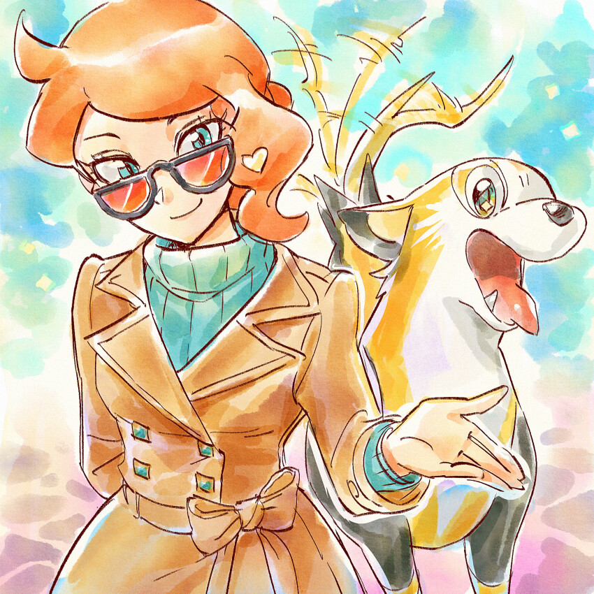 1girl alternate_hairstyle boltund brown_coat closed_mouth coat commentary commission eyelashes gen_8_pokemon go-lurk green_eyes green_sweater hair_ornament heart heart_hair_ornament highres long_sleeves looking_at_viewer nintendo orange-tinted_eyewear orange_hair pokemon pokemon_(creature) pokemon_swsh single_sidelock smile solo sonia_(pokemon) sunglasses sweater tail tail_wagging tinted_eyewear