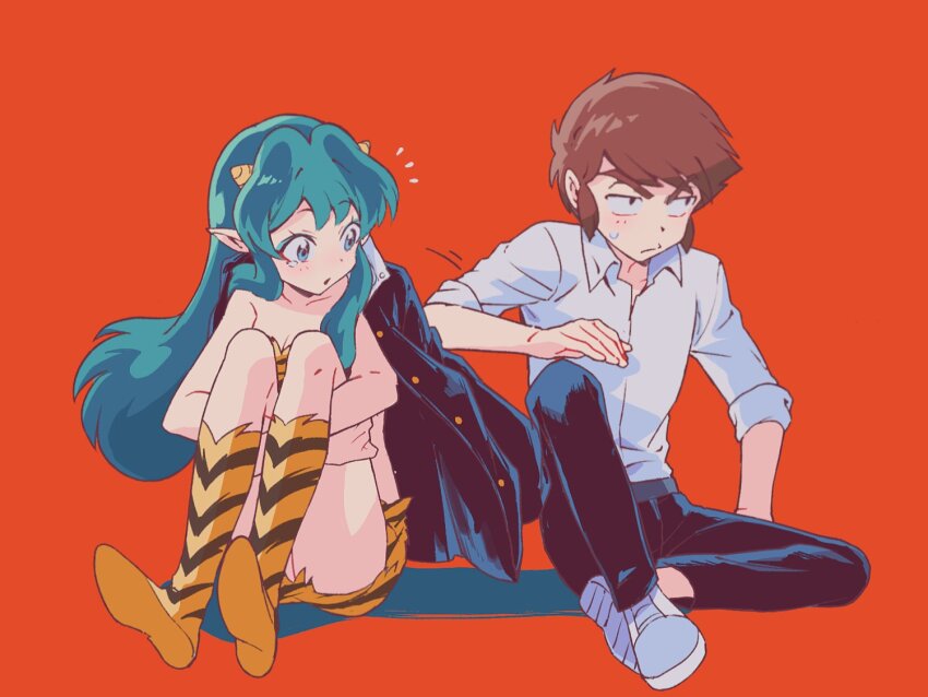 1boy 1girl animal_print aqua_hair bikini black_jacket black_pants boots breasts brown_hair cleavage collarbone cone_horns embarrassed emphasis_lines horns hugging_own_legs jacket knee_boots long_hair looking_at_another lum moroboshi_ataru open_mouth pants pointy_ears print_bikini print_boots qrhara555 red_background shirt shoe_soles shoes short_hair sidelocks sitting swimsuit tiger_print urusei_yatsura white_shirt white_shoes