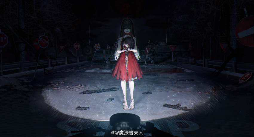 1girl absurdres armored_vehicle assault_rifle barefoot black_hair black_sclera blood blood_on_feet blood_on_ground colored_sclera colored_skin dark dress gun handgun highres holding_detached_head horror_(theme) mahousho military_vehicle motor_vehicle motorcycle night on_motorcycle original pov red_dress red_eyes rifle road_sign roadblock severed_head sign spine stop_sign tank watermark weapon weibo_username weibo_watermark white_skin wreckage