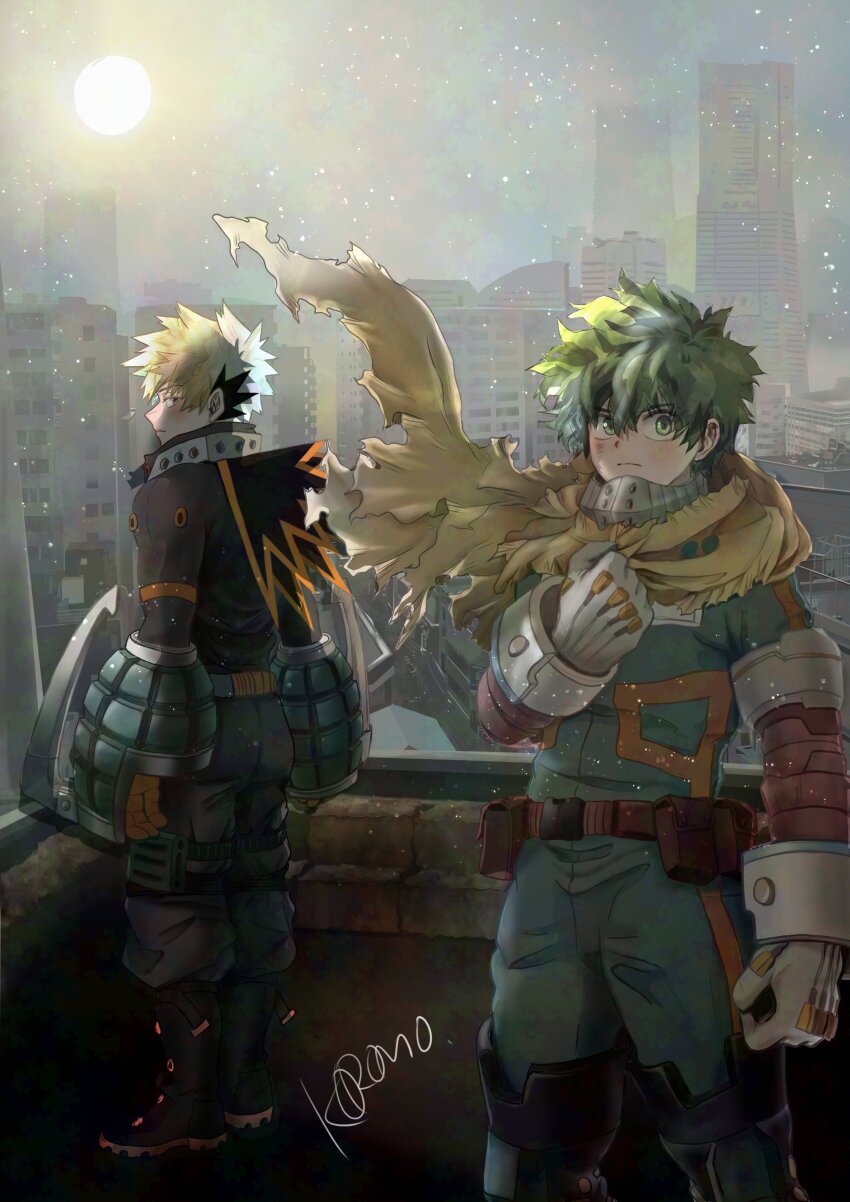 2boys absurdres arm_up bakugou_katsuki belt belt_pouch black_boots black_pants black_shirt blonde_hair boku_no_hero_academia boots brown_belt building cityscape clenched_hand closed_mouth commentary_request dot_nose floating_clothes gloves green_eyes green_hair green_jumpsuit hair_between_eyes highres jumpsuit koromo06418109 long_sleeves looking_back looking_to_the_side male_focus midoriya_izuku multiple_boys on_rooftop pants pouch rooftop scarf shirt short_hair sideways_glance sky spiked_hair standing sun superhero_costume white_gloves yellow_scarf