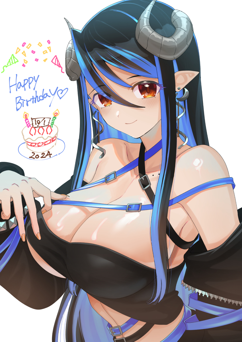 1girl bandeau belt black_bandeau black_belt black_hair black_jacket blue_belt blue_hair blush breasts brown_eyes buren chest_belt cleavage closed_mouth collarbone commentary_request curled_horns dated demon_girl demon_horns fingernails grey_horns hair_between_eyes happy_birthday hebiyoi_tier hebiyoi_tier_(1st_costume) highres horns jacket large_breasts long_bangs long_hair long_sleeves looking_at_viewer multicolored_hair nanashi_inc. off_shoulder open_clothes open_jacket pointy_ears shiny_skin sidelocks simple_background smile snake_bite solo two-tone_hair upper_body virtual_youtuber white_background