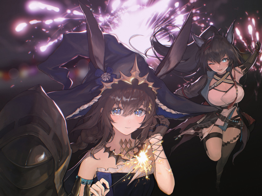 1other 2girls ;d aerial_fireworks ambience_synesthesia amiya_(arknights) amiya_(medic)_(arknights) amiya_(medic)_(solo_around_the_world)_(arknights) animal_ears arknights arm_up armlet black_hair black_hat blaze_(arknights) blue_eyes breasts brown_hair chinese_commentary cleavage commentary_request doctor_(arknights) ears_through_headwear fireworks frilled_hat frills hair_between_eyes hat highres hood hood_up jewelry large_breasts lens_flare long_hair multiple_girls official_alternate_costume one_eye_closed open_mouth outstretched_arm smile yanlianp