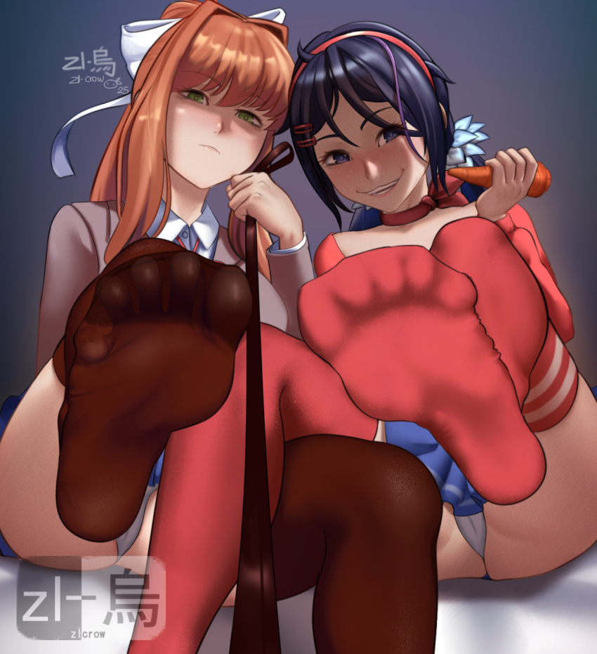 2girls artist_logo artist_name blue_eyes blue_hair blue_skirt blush bow brown_hair brown_thighhighs cameltoe carrot closed_mouth commentary dated doki_doki_literature_club english_commentary feet femdom foot_focus foot_out_of_frame foot_up foreshortening green_eyes hair_bow hair_intakes hand_up highres holding holding_leash leash logo long_hair looking_at_viewer miniskirt miside mita_(miside) monika_(doki_doki_literature_club) multiple_girls no_shoes panties pov presenting_foot red_shirt red_thighhighs school_uniform shadow shirt signature sitting skirt soles spread_toes teeth thighhighs toe_seam toes underwear viewer_on_leash white_bow white_panties zl-crow_red