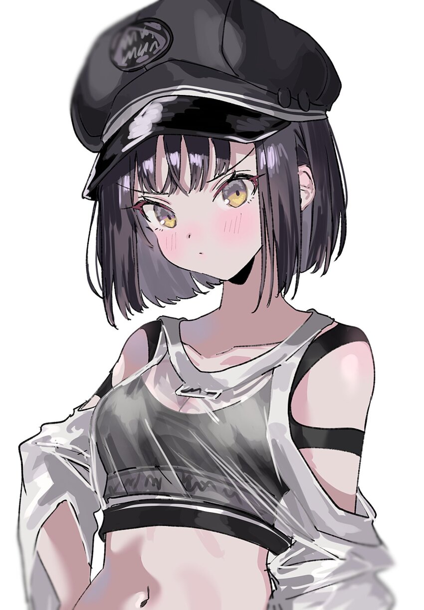 1girl aogisa black_hair black_hat black_sports_bra collarbone goddess_of_victory:_nikke hat highres milk_(nikke) navel peaked_cap see-through_clothes see-through_shirt shirt simple_background solo sports_bra tomboy upper_body white_background yellow_eyes