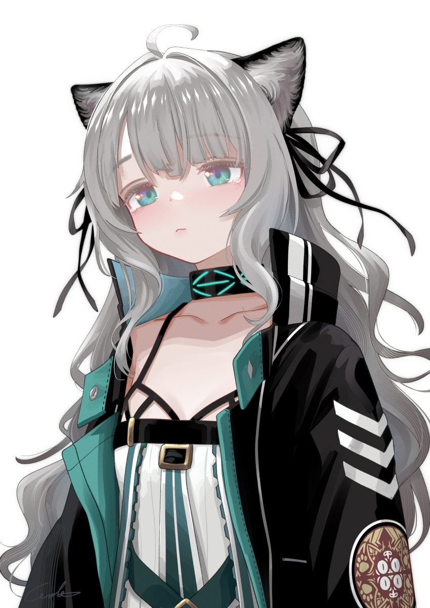 1girl absurdres animal_ears aqua_eyes arknights black_jacket black_ribbon breasts cat_ears cat_girl closed_mouth collarbone commentary_request dress grey_hair hair_ribbon highres infection_monitor_(arknights) jacket long_hair long_sleeves mint_(arknights) ribbon simple_background small_breasts solo upper_body welt_(kinsei_koutenkyoku) white_background white_dress