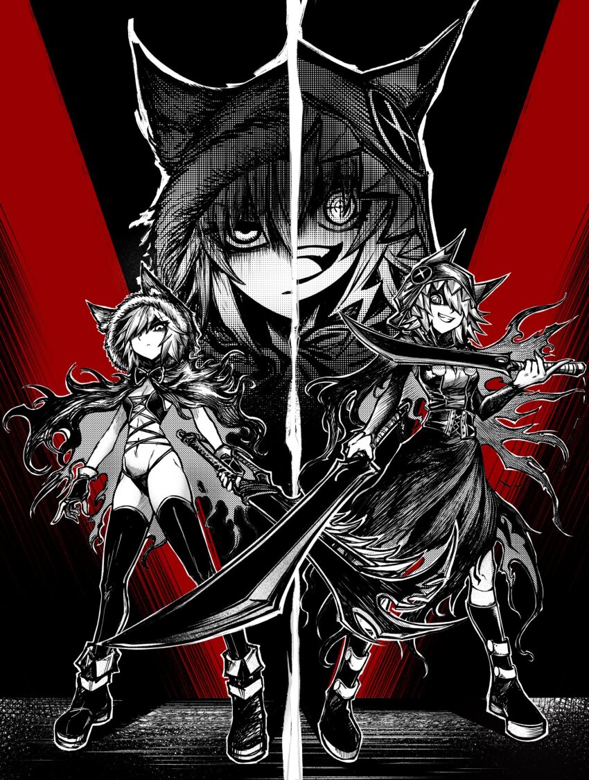 animal_hood black_souls black_souls_2 breasts cape character_request chengzilong8 cleavage dual_wielding fur-trimmed_hood fur_trim highres holding holding_sword holding_weapon hood hood_up hooded_cape looking_at_viewer red_hood_(black_souls) reticle revealing_clothes sword symbol-shaped_pupils thighhighs weapon