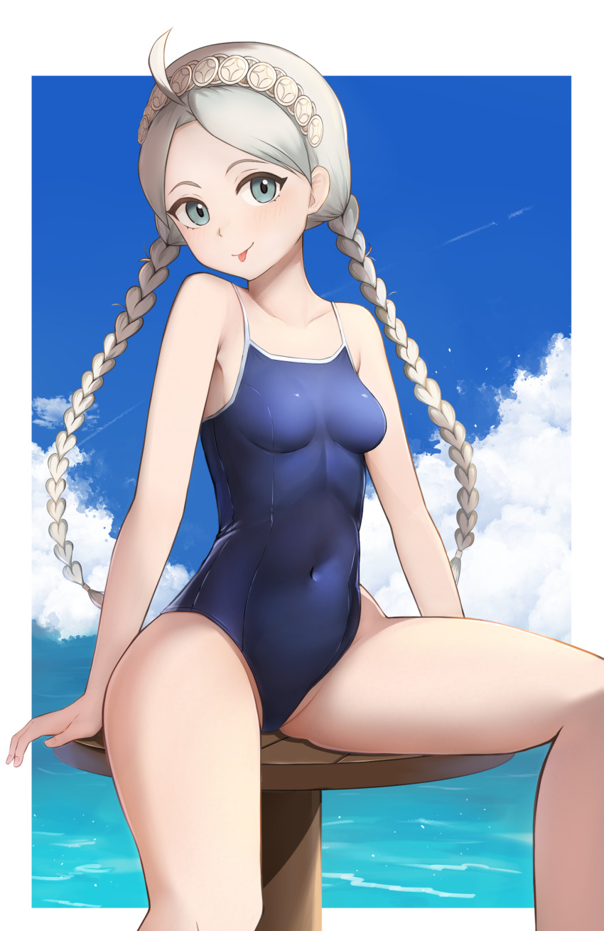 1girl ahoge alternate_costume bare_shoulders blue_eyes blue_one-piece_swimsuit blue_sky braid breasts cloud cloudy_sky commission commissioner_upload fire_emblem fire_emblem_fates grey_hair hairband highres long_hair low_twin_braids medium_breasts nina_(fire_emblem) nintendo noa_brando non-web_source ocean one-piece_swimsuit outdoors parted_bangs school_swimsuit skeb_commission sky swimsuit table twin_braids water wooden_table