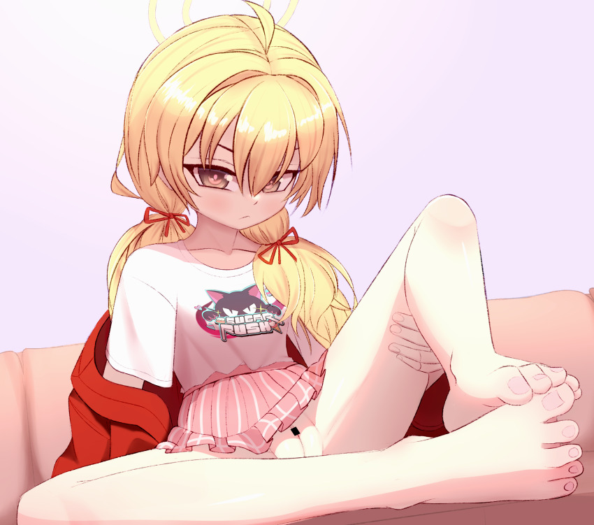 1girl barefoot blonde_hair blue_archive brown_eyes censored feet highres light_blush long_hair looking_at_viewer no_panties pussy solo toes vel yoshimi_(band)_(blue_archive) yoshimi_(blue_archive)