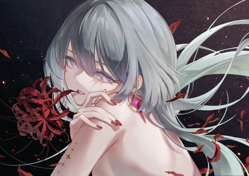 1girl bare_back breasts chigusa7h green_hair highres looking_at_viewer nail_polish phrolova_(wuthering_waves) solo solo_focus teeth white_eyes