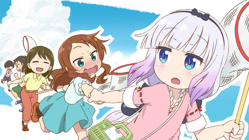 2boys 3girls anime_coloring black_bow blue_eyes blunt_bangs blush bow brown_hair child closed_eyes cloud cloudy_sky eyebrows_hidden_by_hair frilled_shirt frills gradient_hair green_eyes green_skirt hairband highres holding holding_hands kagero_(plusup) kanna_kamui kobayashi-san_chi_no_maidragon looking_at_another looking_to_the_side low_twintails multicolored_hair multiple_boys multiple_girls open_mouth purple_hair running saikawa_riko shirt short_sleeves sidelocks skirt sky smile sphere_hair_ornament twintails white_shirt