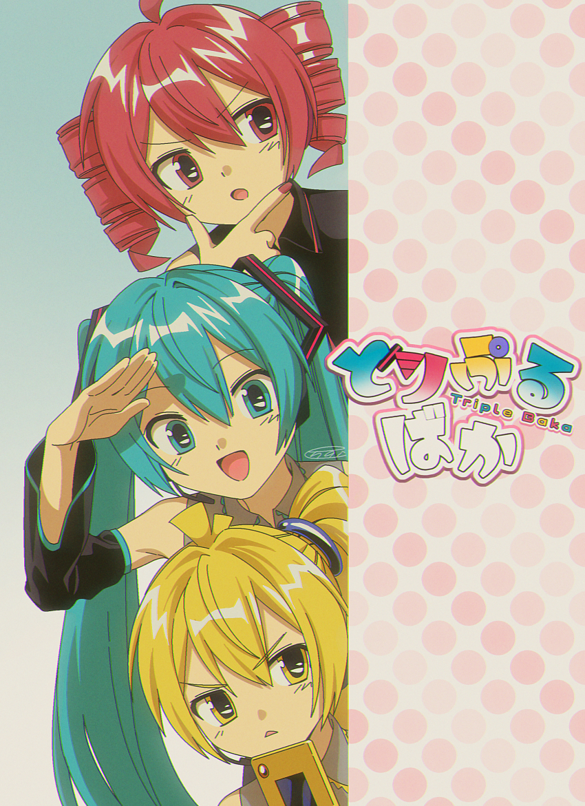 1990s_(style) 3girls :d :o absurdres ahoge akita_neru antenna_hair black_shirt blonde_hair blue_eyes blue_hair cellphone checkmark collared_shirt detached_sleeves drill_hair faux_retro_artstyle flip_phone gradient_background grey_shirt hair_between_eyes hand_on_own_chin hatsune_miku headphones highres kasane_teto kasane_teto_(utau) long_hair looking_at_viewer looking_to_the_side menma_(enaic31) multiple_girls nail_polish open_mouth phone polka_dot_border red_eyes red_hair red_nails retro_artstyle salute shirt short_hair side_ponytail sleeveless smile triple_baka_(vocaloid) twin_drills twintails upper_body utau vocaloid yellow_eyes