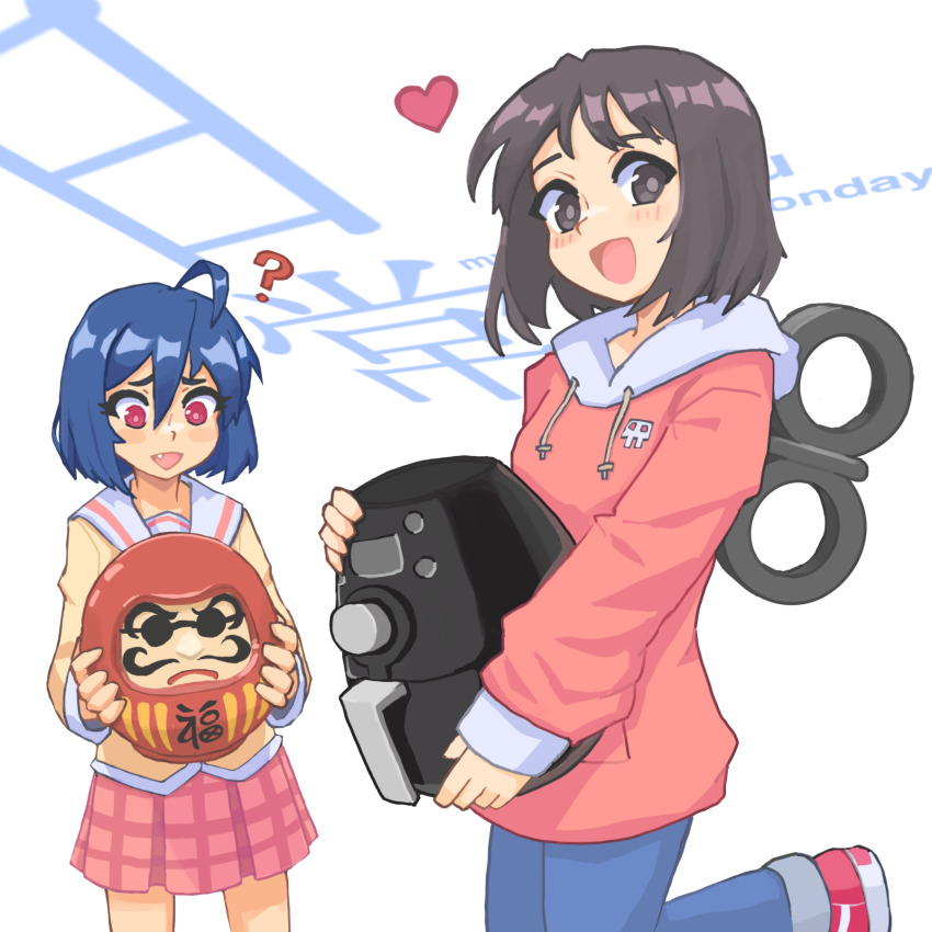 2girls ? ahoge black_eyes black_hair blue_hair blush denim fang hcnone heart highres hood hood_down hoodie jeans long_sleeves looking_at_viewer looking_away multiple_girls nichijou open_mouth original pants pink_eyes pleated_skirt red_footwear red_hoodie red_skirt school_uniform shinonome_nano shoes short_hair skirt skye_(hcnone) smile sneakers tokisadame_school_uniform