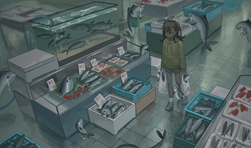 1girl apron bad_id bad_misskey.io_id bag black_hair crying dark-skinned_female dark_skin fish fish_market fish_tank food freezer green_apron green_hoodie highres holding holding_bag hoodie hose meat original plastic_bag pointy_ears price scenery shopping_bag short_shorts shorts solo surreal tears tensen_(dotted_line) tile_floor tiles walking water webp-to-png_conversion wide_shot yellow_eyes